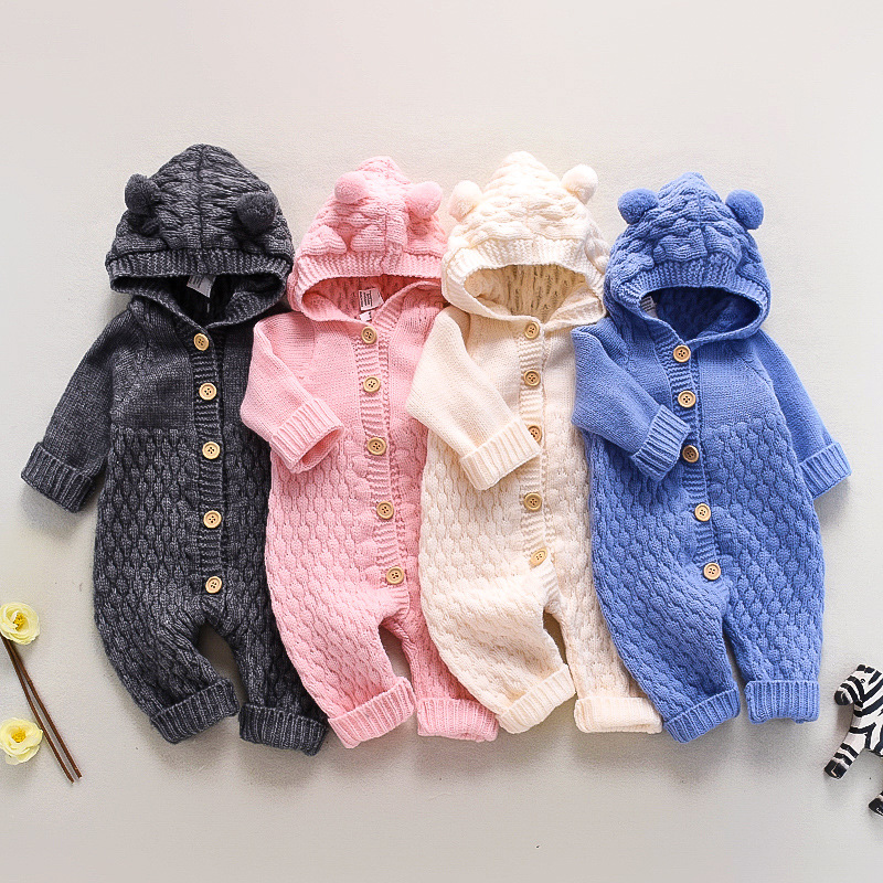 【3M-24M】Baby Cute Hooded Long-sleeved Knit One-piece Romper 【3M-24M】Baby Cute Hooded Long-sleeved Knit One-piece Romper
