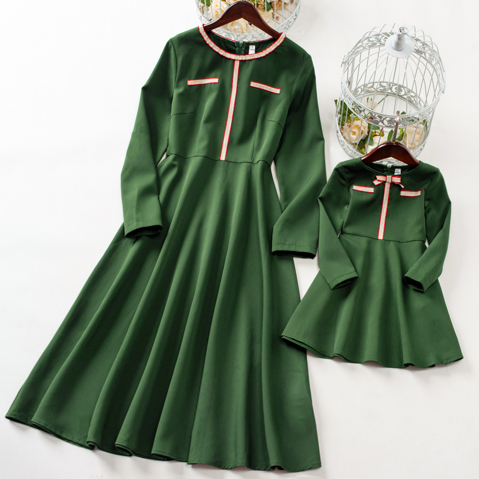 Elegant Golden Ribbon Green Long-sleeved Mom Girl Matching Dress - 13168 Elegant Golden Ribbon Green Long-sleeved Mom Girl Matching Dress - 13168