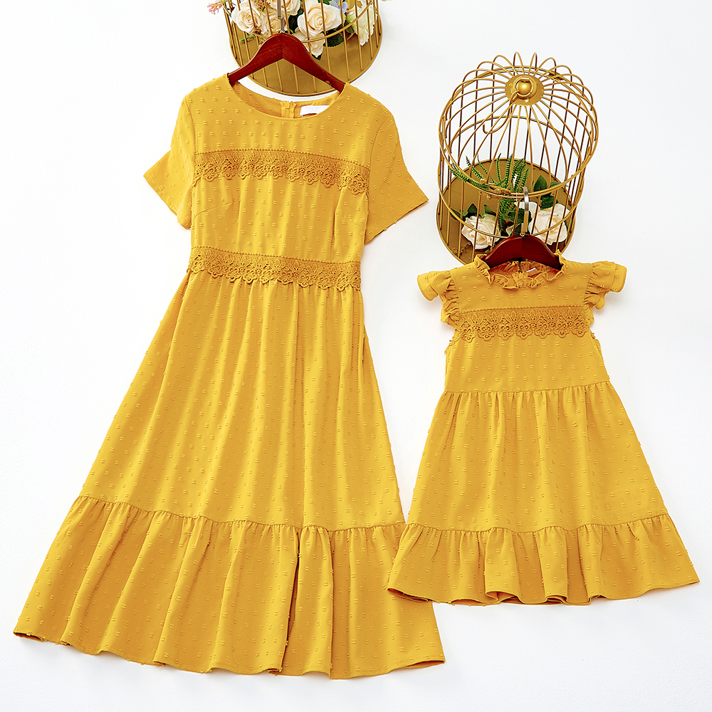 Sweet Yellow Jacquard Lace Short Sleeve Mom Girl Matching Dress Sweet Yellow Jacquard Lace Short Sleeve Mom Girl Matching Dress