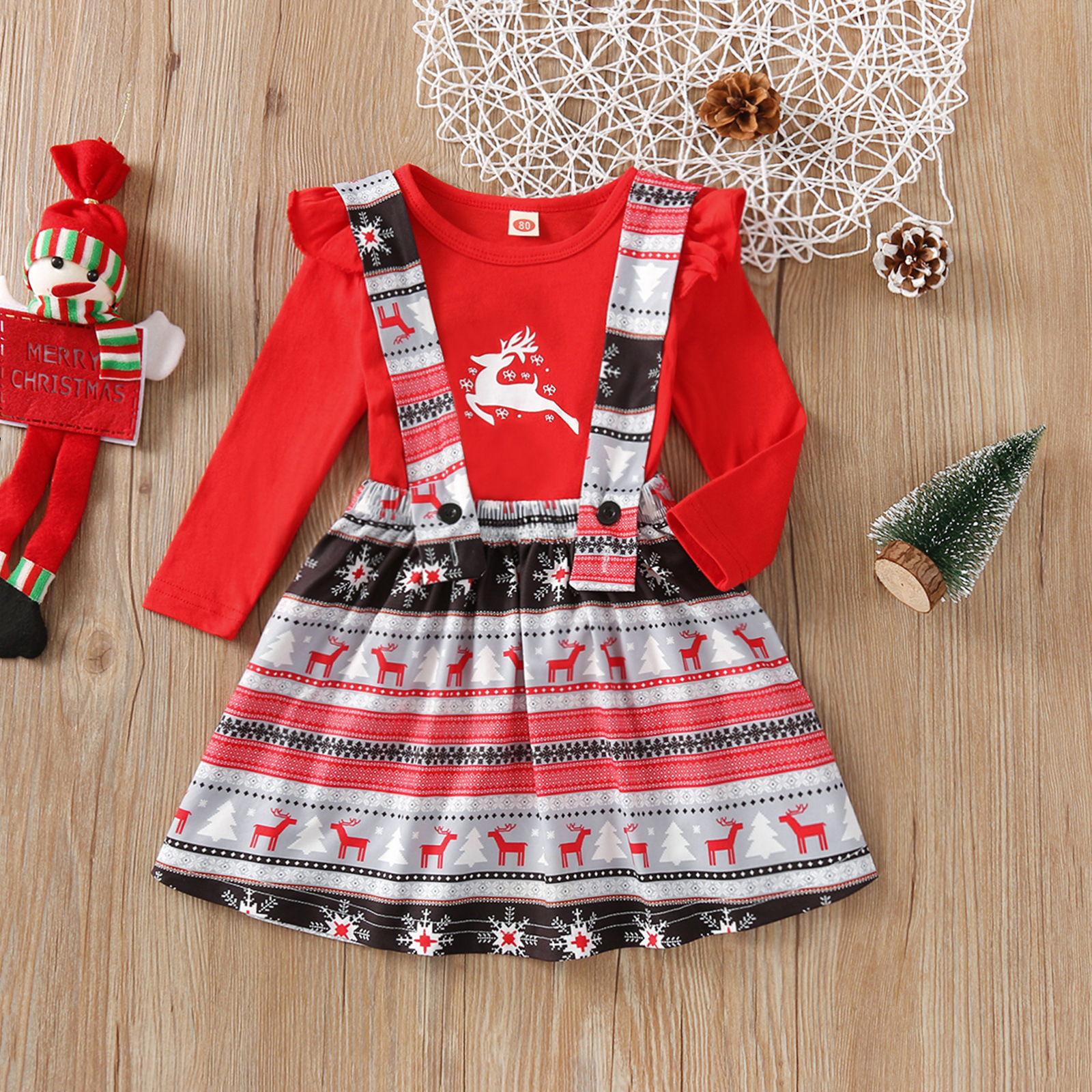 【12M-5Y】Girls Christmas Print Red Top And Suspender Skirt Set 【12M-5Y】Girls Christmas Print Red Top And Suspender Skirt Set