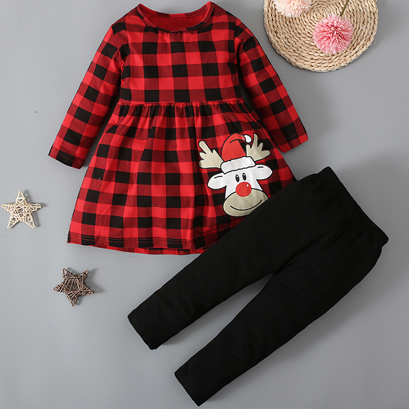 【12M-5Y】Girls Christmas Red Plaid T-shirt Pants Set 【12M-5Y】Girls Christmas Red Plaid T-shirt Pants Set