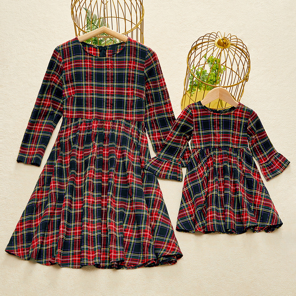 Long Sleeve Blue Plaid Mom Girl Matching Dress Long Sleeve Blue Plaid Mom Girl Matching Dress