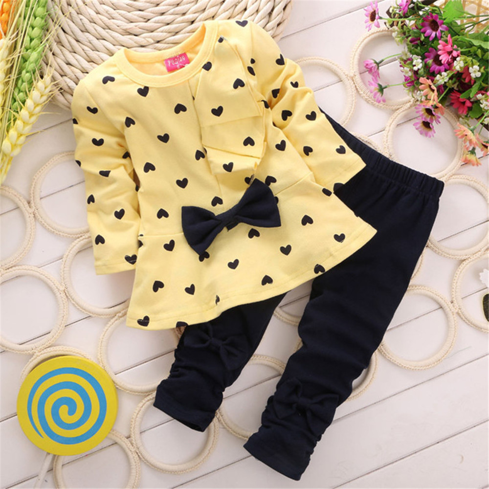 【12M-4Y】Girl Sweet Love Print Bow Long Sleeve T-shirt And Pants Set - 34229 【12M-4Y】Girl Sweet Love Print Bow Long Sleeve T-shirt And Pants Set - 34229