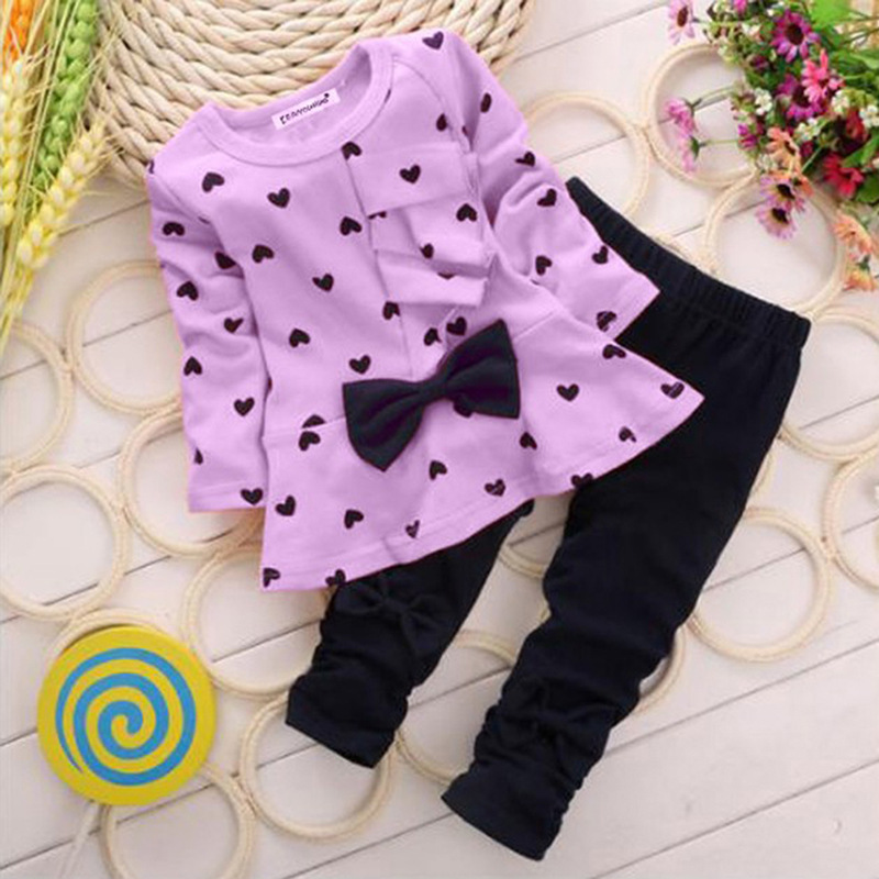 【12M-4Y】Girl Sweet Love Print Bow Long Sleeve T-shirt And Pants Set - 34229 【12M-4Y】Girl Sweet Love Print Bow Long Sleeve T-shirt And Pants Set - 34229