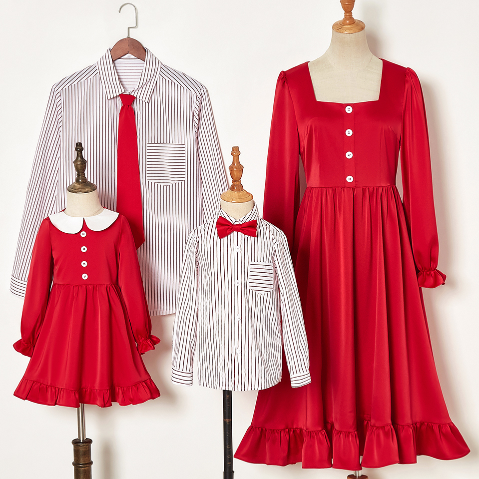 Casual Striped Shirt And Red Dress Family Matching Outfits - 2122 Casual Striped Shirt And Red Dress Family Matching Outfits - 2122