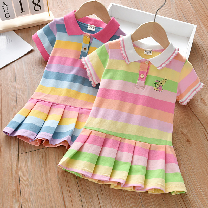 【18M-7Y】Girls Rainbow Striped Bunny Embroidered Short Sleeve Dress - 33145 【18M-7Y】Girls Rainbow Striped Bunny Embroidered Short Sleeve Dress - 33145