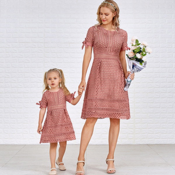 Pure Color Hollow Out Short Sleeve Mom Girl Matching Dress - 1357 Pure Color Hollow Out Short Sleeve Mom Girl Matching Dress - 1357