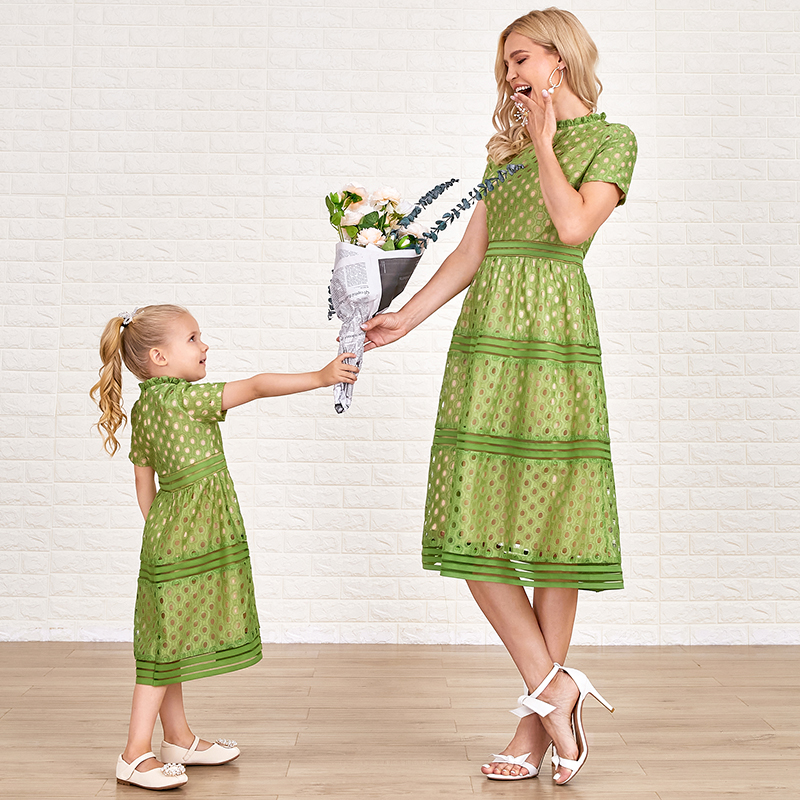 Sweet Green Lace Short Sleeve Mom Girl Matching Dress Sweet Green Lace Short Sleeve Mom Girl Matching Dress