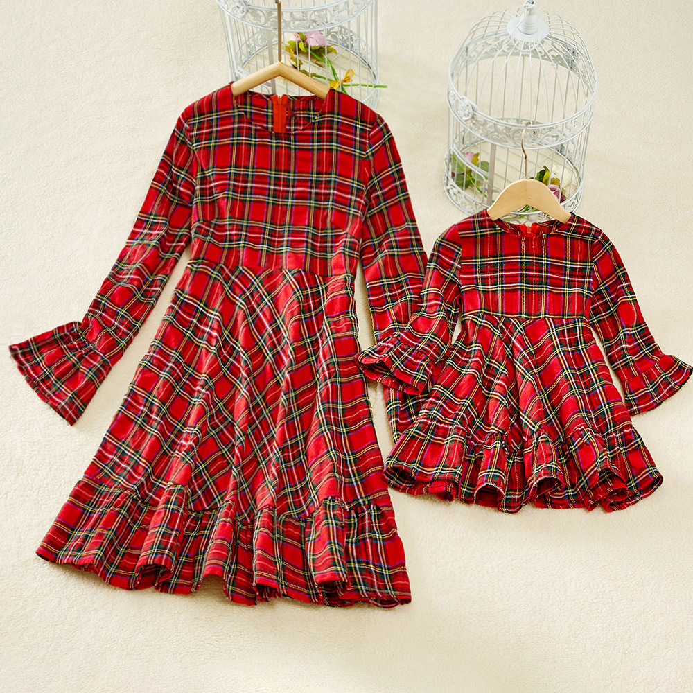 Red Plaid Flared Sleeve Mom Girl Matching Dress - 13121 Red Plaid Flared Sleeve Mom Girl Matching Dress - 13121