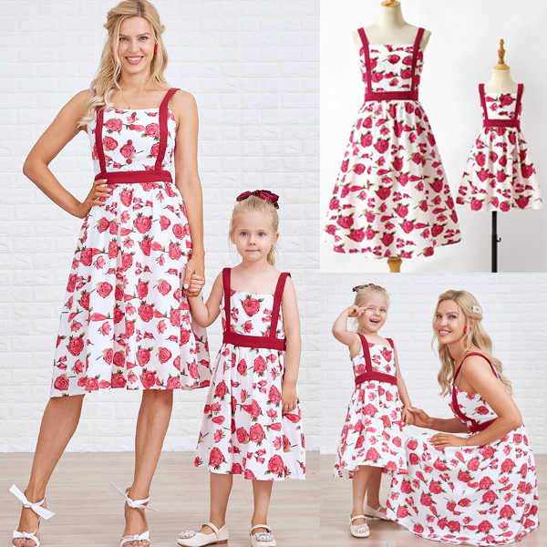 Sweet Rose Red Flower Mom Girl Matching Dress Sweet Rose Red Flower Mom Girl Matching Dress