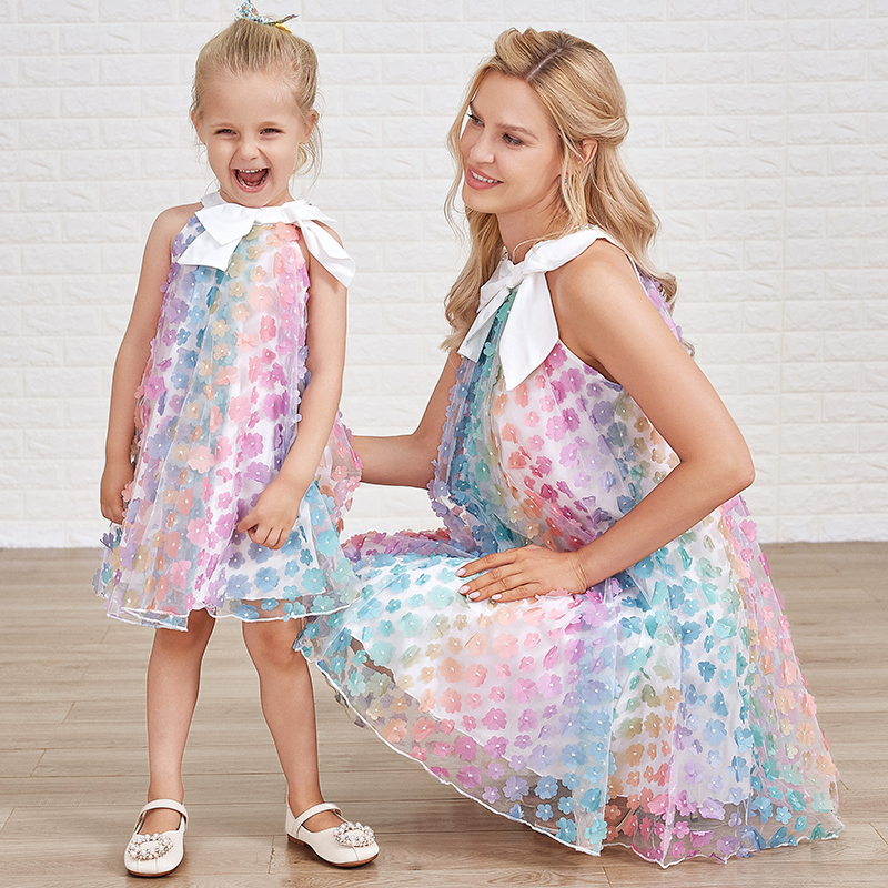 Sweet Colorful Flower Embroidery Bow Mom Girl Matching Dress - 13145 Sweet Colorful Flower Embroidery Bow Mom Girl Matching Dress - 13145