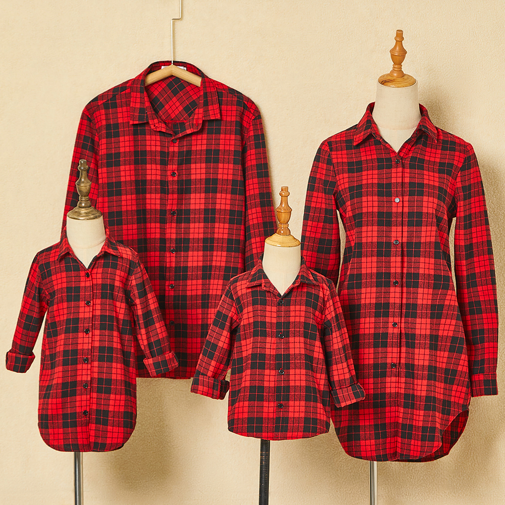 Classic Red Plaid Cotton Blends Long Sleeve Shirt Family Matching Outfits Classic Red Plaid Cotton Blends Long Sleeve Shirt Family Matching Outfits
