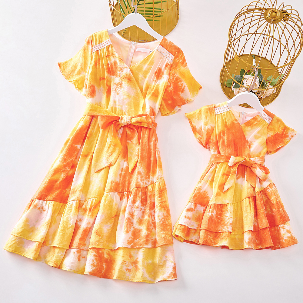 Sweet Orange Tie-Dye V-Neck Short Sleeve Mom Girl Matching Dress - 13109 Sweet Orange Tie-Dye V-Neck Short Sleeve Mom Girl Matching Dress - 13109