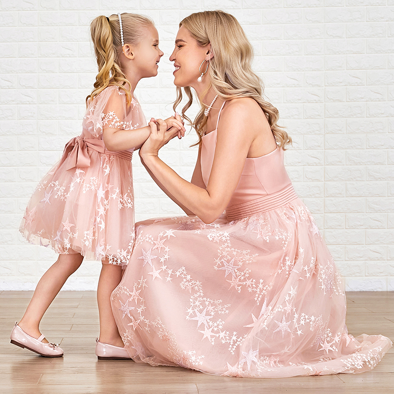 Sweet Embroidered Pink Mesh Mom Girl Matching Dress - 1333 Sweet Embroidered Pink Mesh Mom Girl Matching Dress - 1333