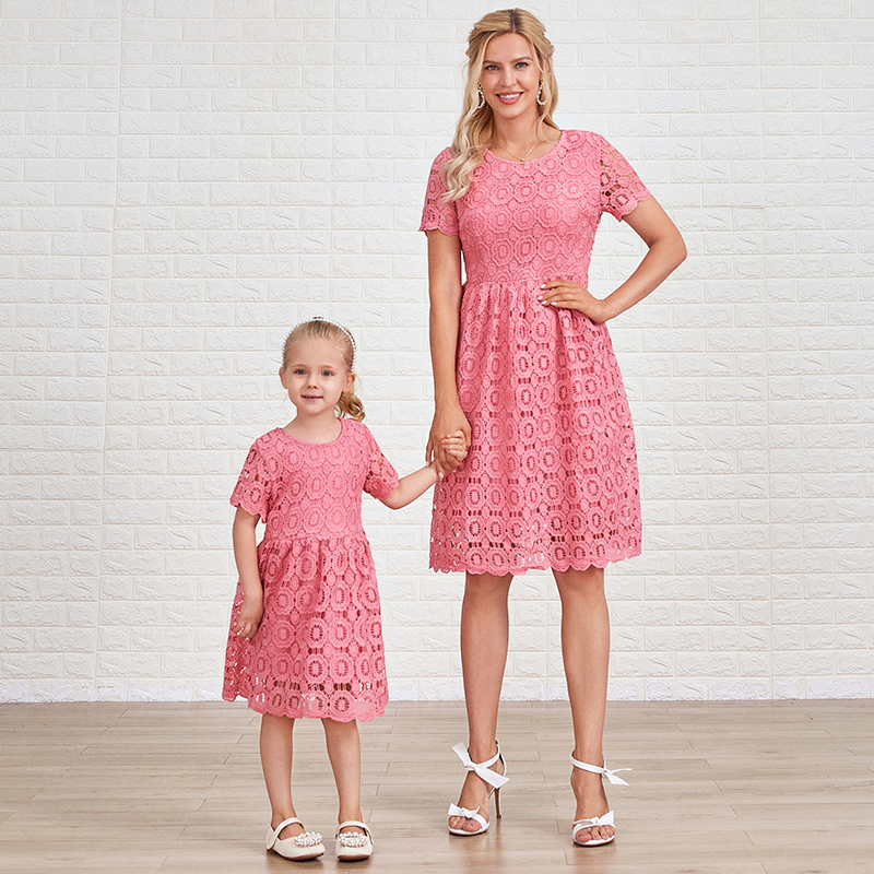 Sweet Pink Lace Short Sleeve Mom Girl Matching Dress - 13130 Sweet Pink Lace Short Sleeve Mom Girl Matching Dress - 13130