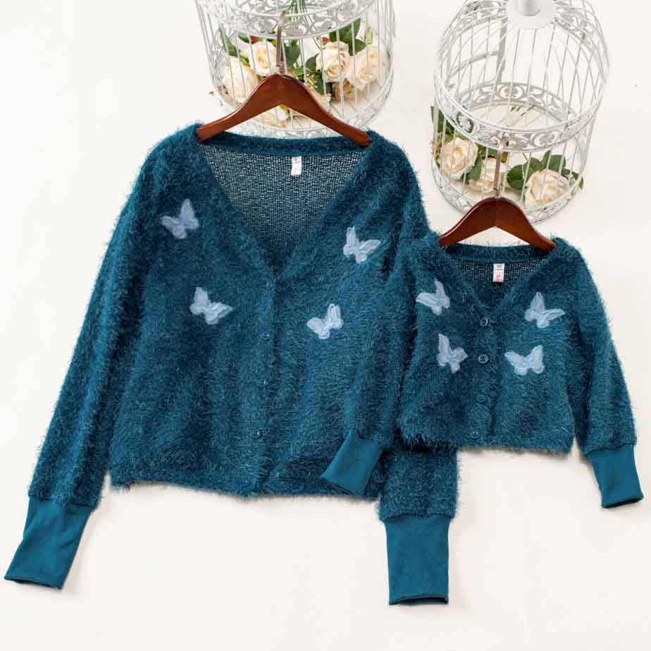 Sweet Butterfly Embroidery Blue Sweater Mom Girl Matching Cardigan - 1163 Sweet Butterfly Embroidery Blue Sweater Mom Girl Matching Cardigan - 1163