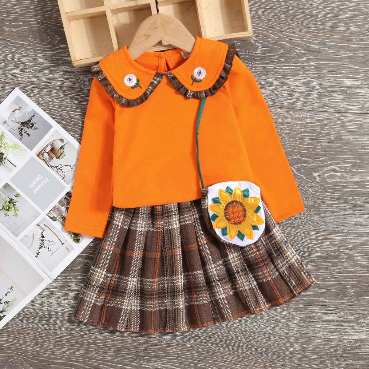 【18M-7Y】Girls Sweet Lapel Embroidered Top And Plaid Skirt Set With Bag 【18M-7Y】Girls Sweet Lapel Embroidered Top And Plaid Skirt Set With Bag