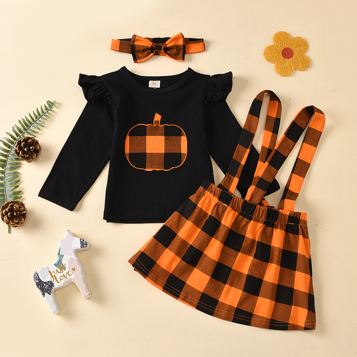 【3M-3Y】Girls Round Neck Black Blouse and Plaid Suspender Skirt Set 【3M-3Y】Girls Round Neck Black Blouse and Plaid Suspender Skirt Set