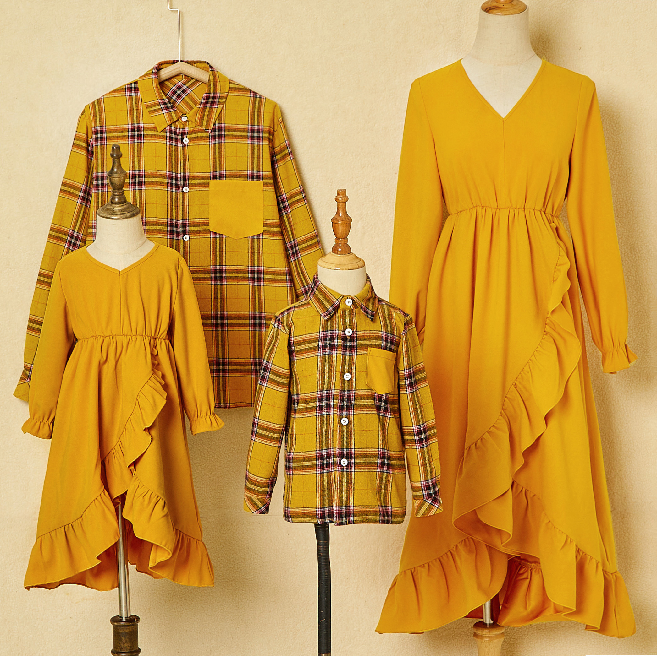 Long Sleeved Plaid Shirt And Yellow Ruffled High-low Dress Family Matching Outfits
