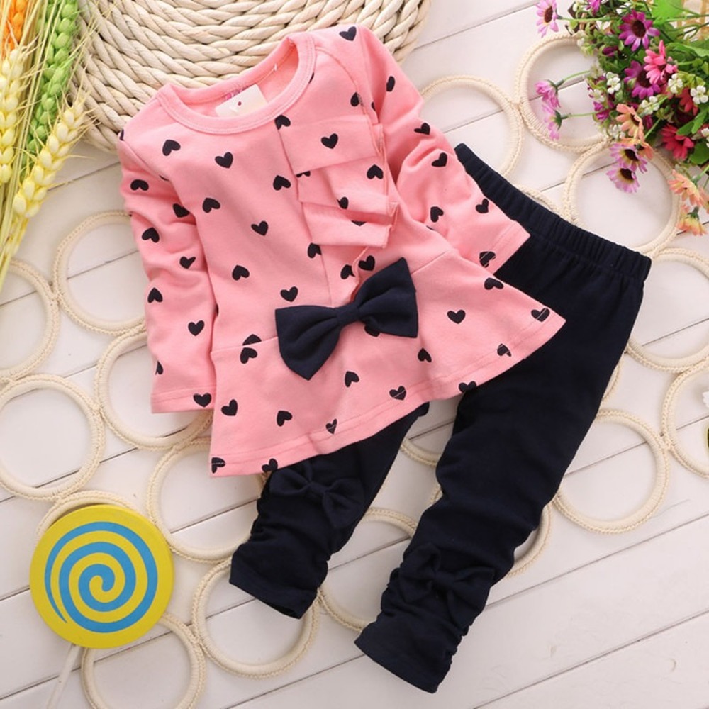 【12M-4Y】Girl Sweet Love Print Bow Long Sleeve T-shirt And Pants Set - 34229 【12M-4Y】Girl Sweet Love Print Bow Long Sleeve T-shirt And Pants Set - 34229