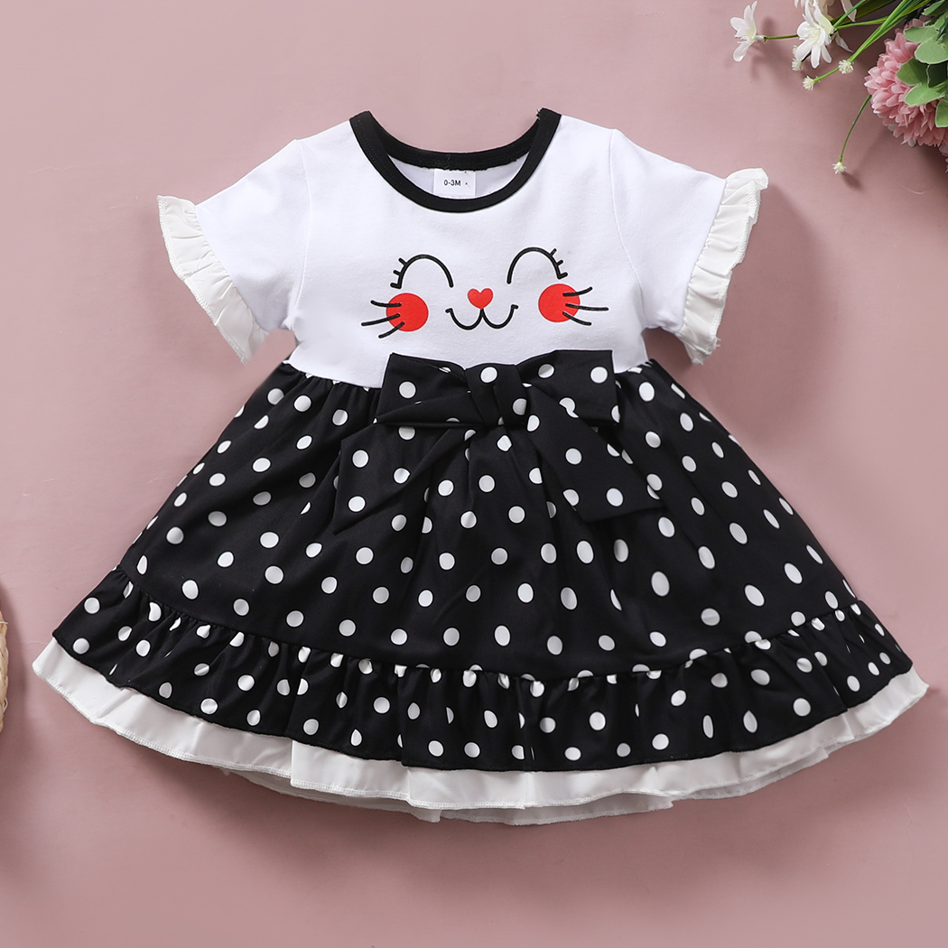 【0M-18M】Cute Cartoon And Polka Dot Print Round Neck Short Sleeve Dress 【0M-18M】Cute Cartoon And Polka Dot Print Round Neck Short Sleeve Dress