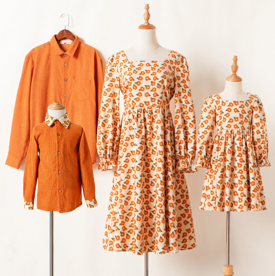 Casual Orange Corduroy Floral Long-sleeved Family Matching Outfits - 2122 Casual Orange Corduroy Floral Long-sleeved Family Matching Outfits - 2122