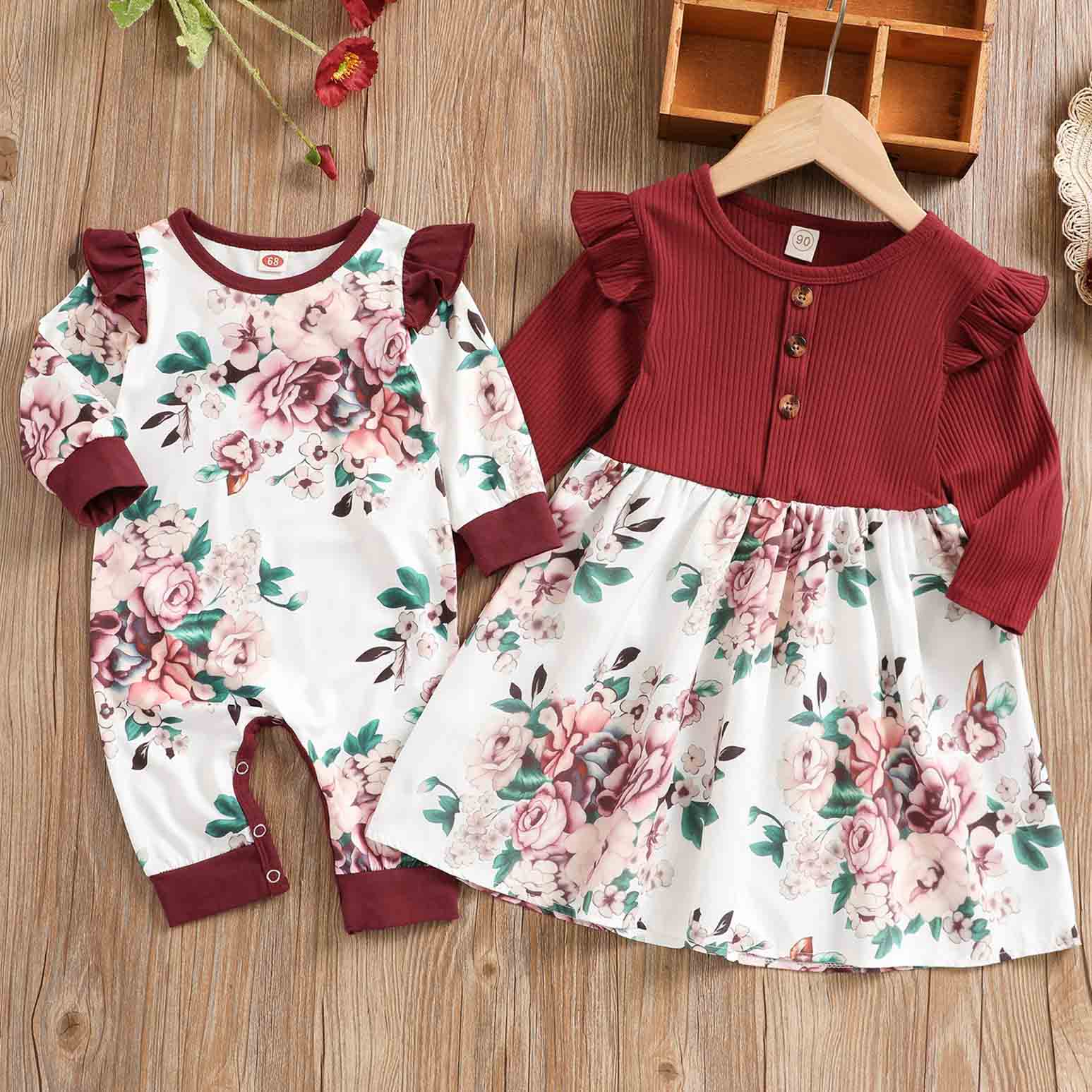 【0M-7Y】Girls Sweet Floral Print Red Dress And Romper ( Sold Separately ) - 33266 【0M-7Y】Girls Sweet Floral Print Red Dress And Romper ( Sold Separately ) - 33266