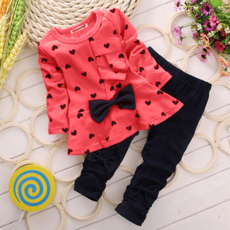 【12M-4Y】Girl Sweet Love Print Bow Long Sleeve T-shirt And Pants Set - 34229 【12M-4Y】Girl Sweet Love Print Bow Long Sleeve T-shirt And Pants Set - 34229