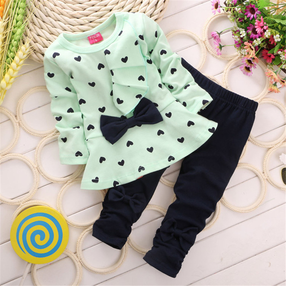 【12M-4Y】Girl Sweet Love Print Bow Long Sleeve T-shirt And Pants Set - 34229 【12M-4Y】Girl Sweet Love Print Bow Long Sleeve T-shirt And Pants Set - 34229