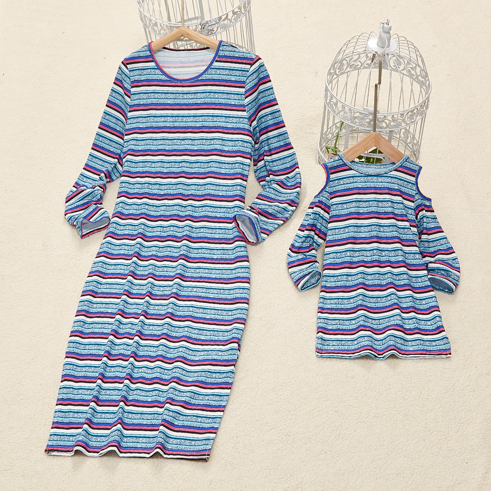 Round Neck Long Sleeves Striped Mom Girl Matching Dress Round Neck Long Sleeves Striped Mom Girl Matching Dress