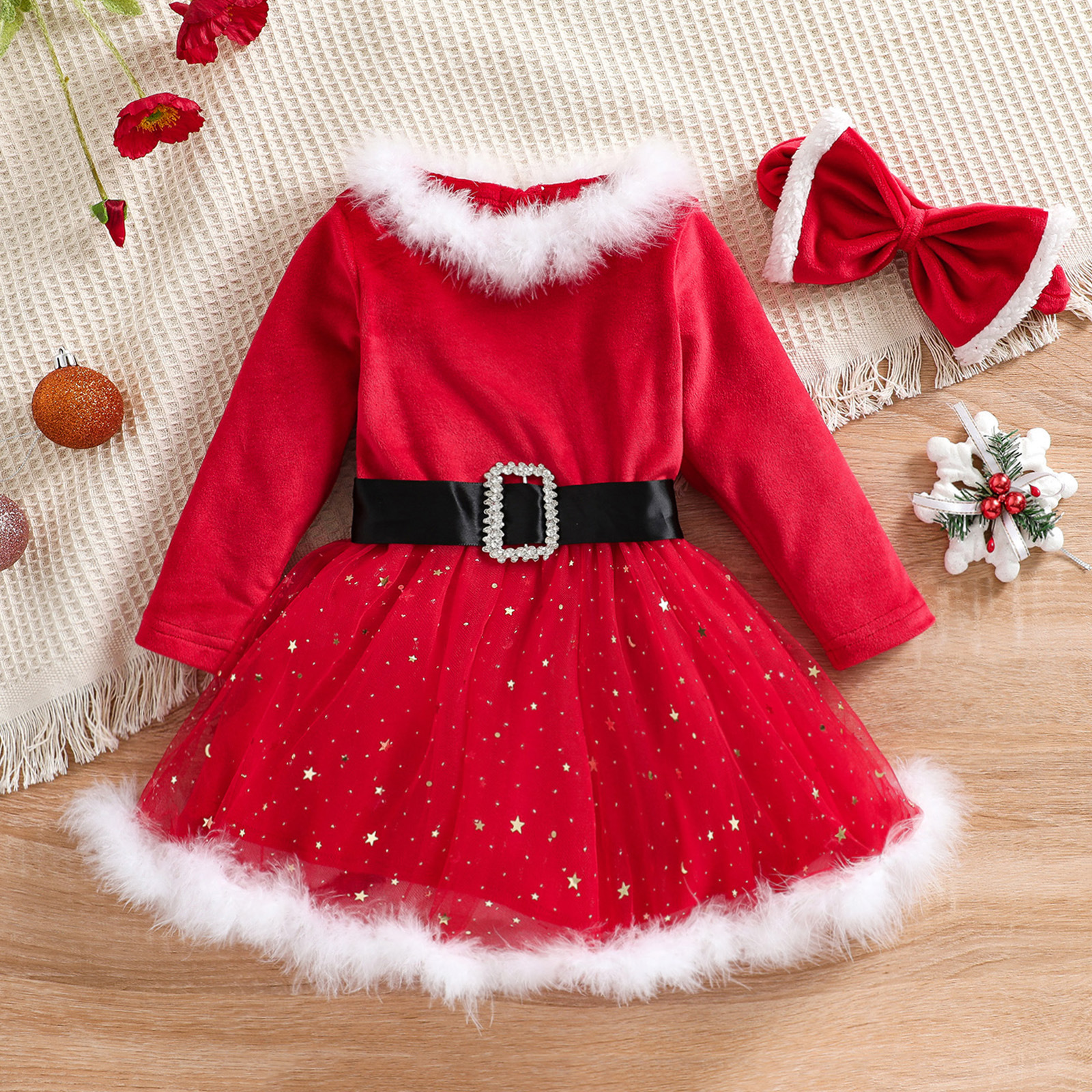 【18M-7Y】Girl Sweet Christmas Star Mesh Red Dress With Headband - 33228 【18M-7Y】Girl Sweet Christmas Star Mesh Red Dress With Headband - 33228