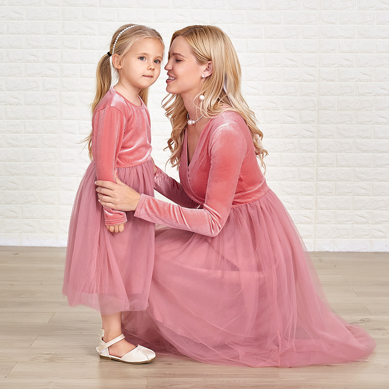 Classic Pink Velvet Mesh Long Sleeves Mom Girl Matching Dress - 13113 Classic Pink Velvet Mesh Long Sleeves Mom Girl Matching Dress - 13113