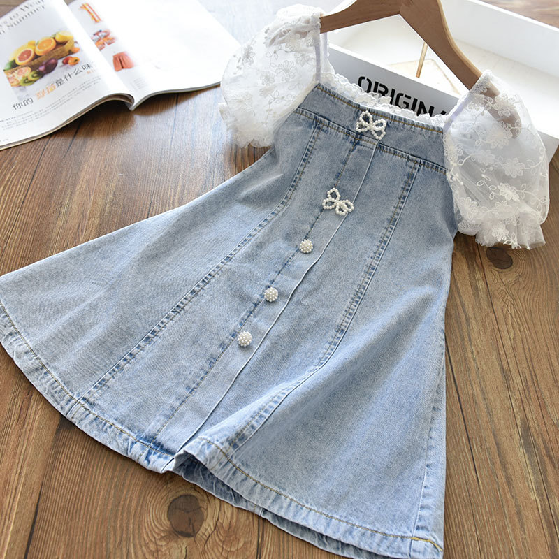 【18M-9Y】Girl Sweet Lace Puff Sleeve Denim Dress - 33189 【18M-9Y】Girl Sweet Lace Puff Sleeve Denim Dress - 33189