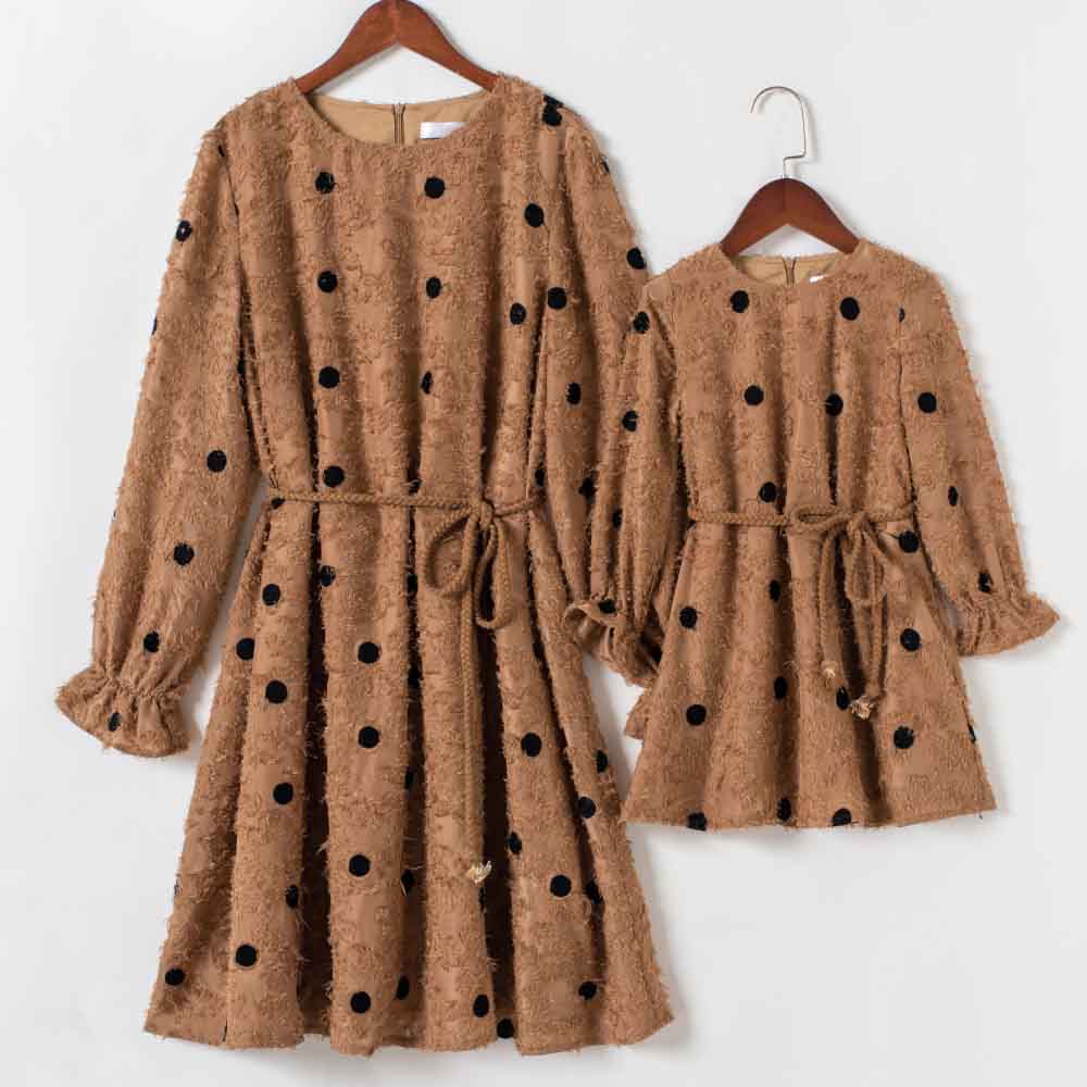 Sweet Khaki Polka Dot Long Sleeve Mom Girl Matching Dress - 13163 Sweet Khaki Polka Dot Long Sleeve Mom Girl Matching Dress - 13163