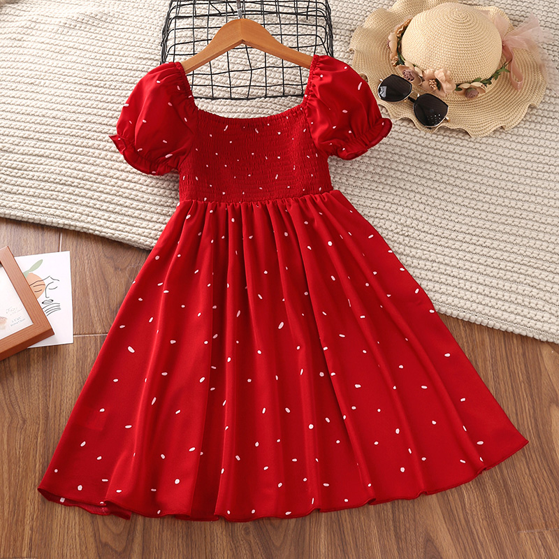 【4Y-13Y】Girls Sweet Polka Dot Print Puff Sleeve Dress - 33204