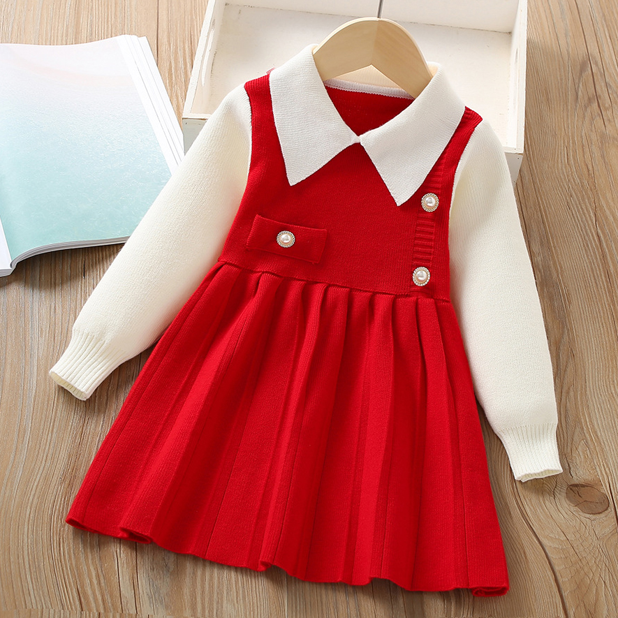 【18M-6Y】Girls Fashionable Fake Two Piece Lapel Sweater Dress 【18M-6Y】Girls Fashionable Fake Two Piece Lapel Sweater Dress