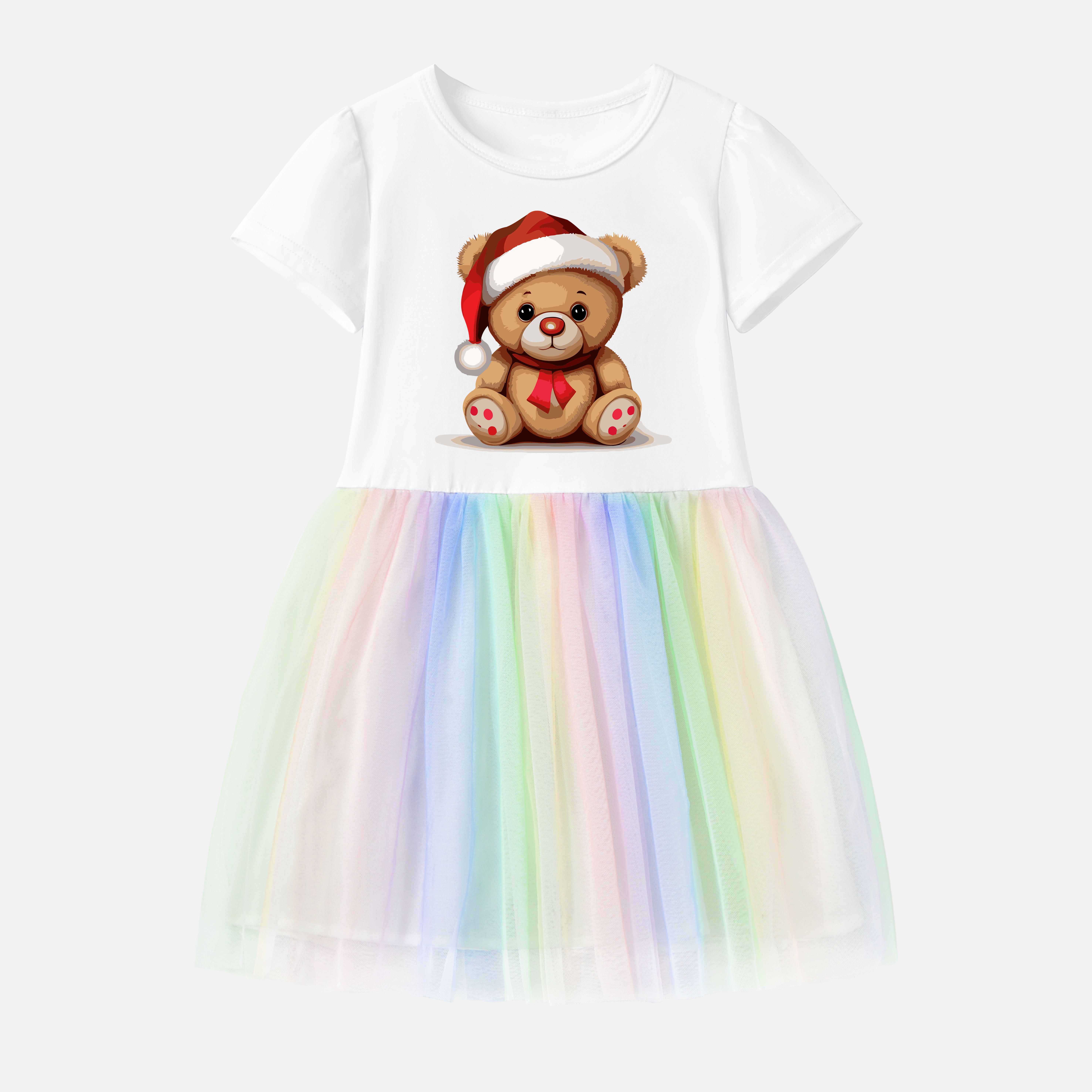 【12M-7Y】Girl Christmas Bear Print Cotton Stain Resistant Cartoon Splicing Tulle Short Sleeve Dress 【12M-7Y】Girl Christmas Bear Print Cotton Stain Resistant Cartoon Splicing Tulle Short Sleeve Dress