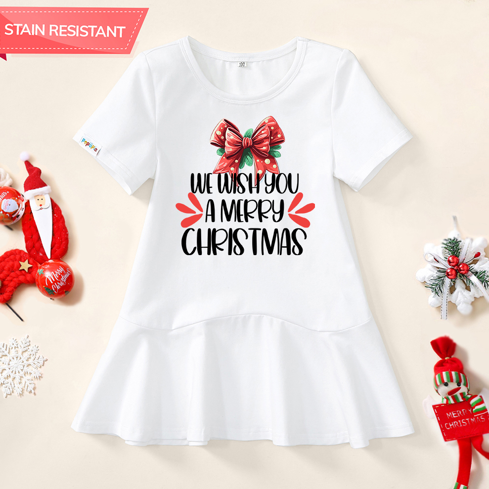 【18M-9Y】Girl Christmas Letters And Bow Print Stain Resistant Cotton Short Sleeve Dress 【18M-9Y】Girl Christmas Letters And Bow Print Stain Resistant Cotton Short Sleeve Dress