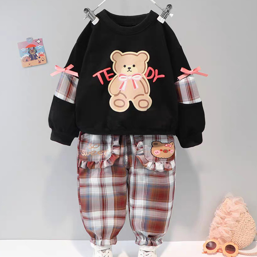 【12M-5Y】2-piece Girls Cute Bear And Letter Print Round Neck Long Sleeve Sweatshirt And Plaid Pants Set - 34423 【12M-5Y】2-piece Girls Cute Bear And Letter Print Round Neck Long Sleeve Sweatshirt And Plaid Pants Set - 34423