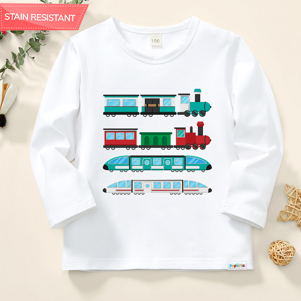 【12M-9Y】Kids Train Print Cotton Stain Resistant Long Sleeve T-shirt 【12M-9Y】Kids Train Print Cotton Stain Resistant Long Sleeve T-shirt