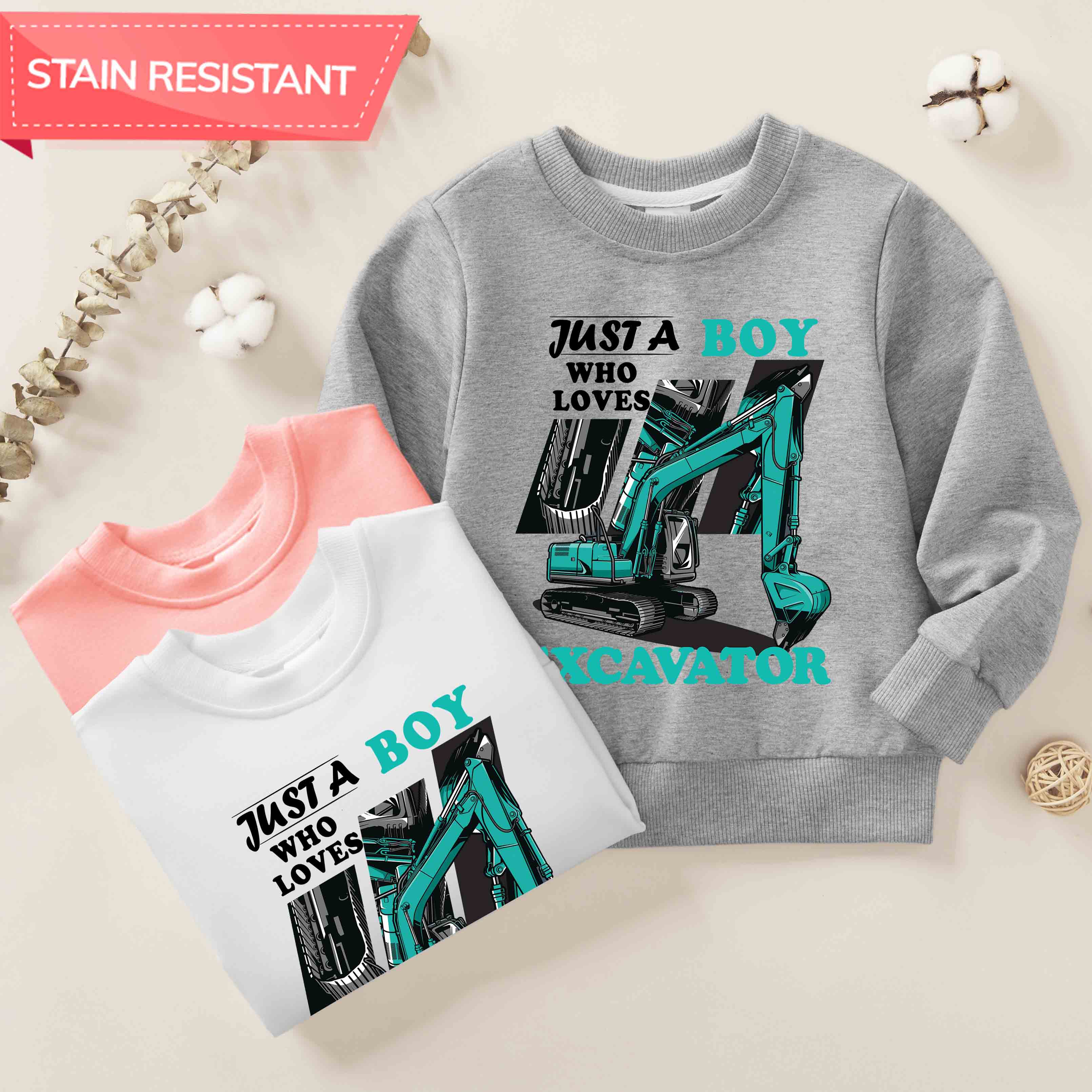 【12M-9Y】Boy Letter And Excavator Print Cotton Stain Resistant Long Sleeve Sweatshirt 【12M-9Y】Boy Letter And Excavator Print Cotton Stain Resistant Long Sleeve Sweatshirt