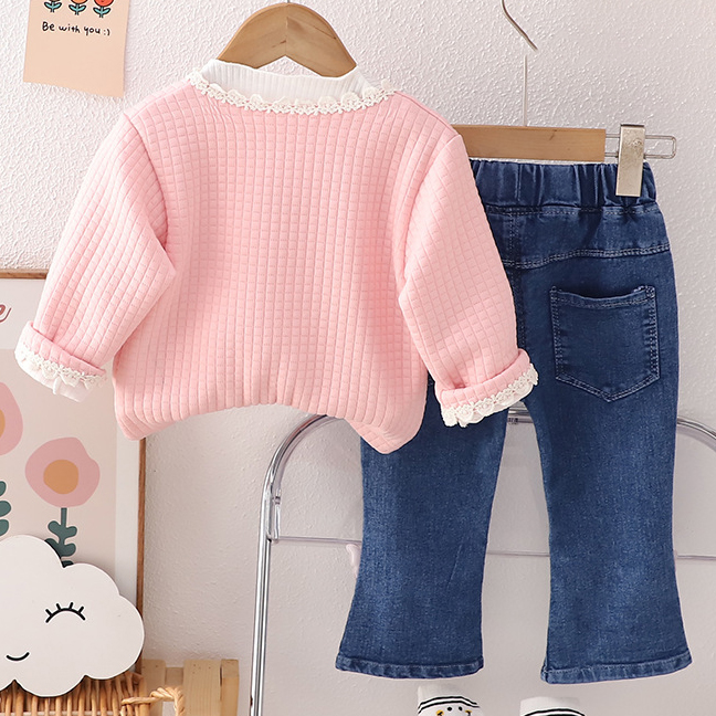 【12M-5Y】3-piece Girls Fashionable White T-shirt And Flower Embroidered Cardigan And Jeans Set - 34427 【12M-5Y】3-piece Girls Fashionable White T-shirt And Flower Embroidered Cardigan And Jeans Set - 34427