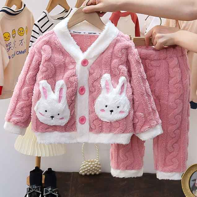 【12M-6Y】2-piece Girls Cute Bunny Pocket Coral Velvet Pajama Set 【12M-6Y】2-piece Girls Cute Bunny Pocket Coral Velvet Pajama Set