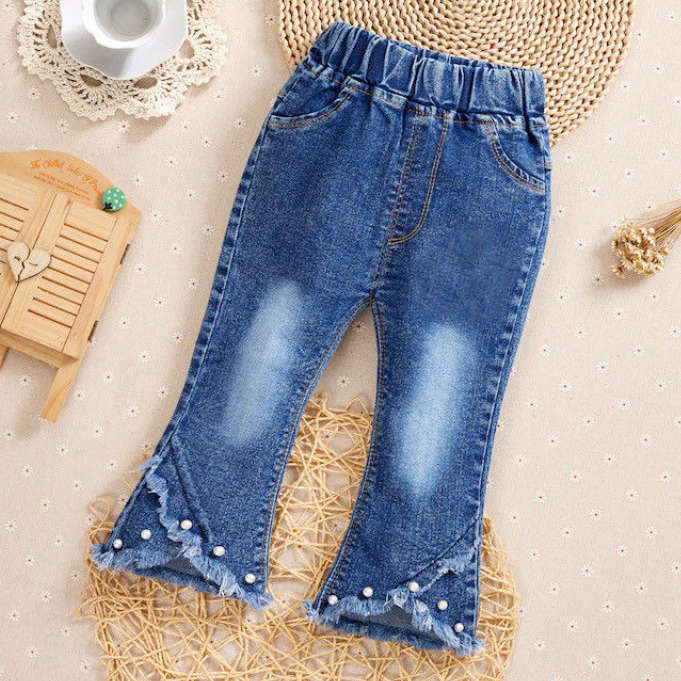 【6M-9Y】Girl Sweet Flowers And Fringed Blue Jeans 【6M-9Y】Girl Sweet Flowers And Fringed Blue Jeans