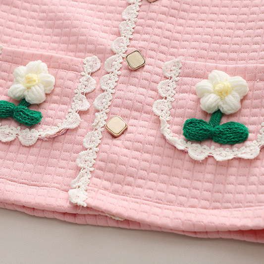 【12M-5Y】3-piece Girls Fashionable White T-shirt And Flower Embroidered Cardigan And Jeans Set - 34427 【12M-5Y】3-piece Girls Fashionable White T-shirt And Flower Embroidered Cardigan And Jeans Set - 34427