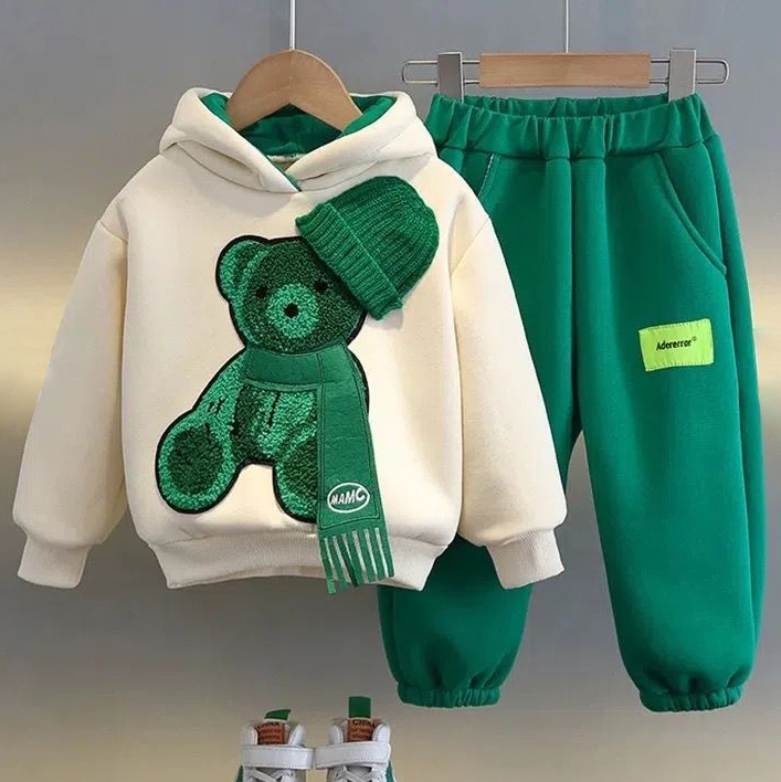 【12M-8Y】2-piece Boys Casual Scarf Bear Embroidered Hooded Sweatshirt And Pants Set 【12M-8Y】2-piece Boys Casual Scarf Bear Embroidered Hooded Sweatshirt And Pants Set