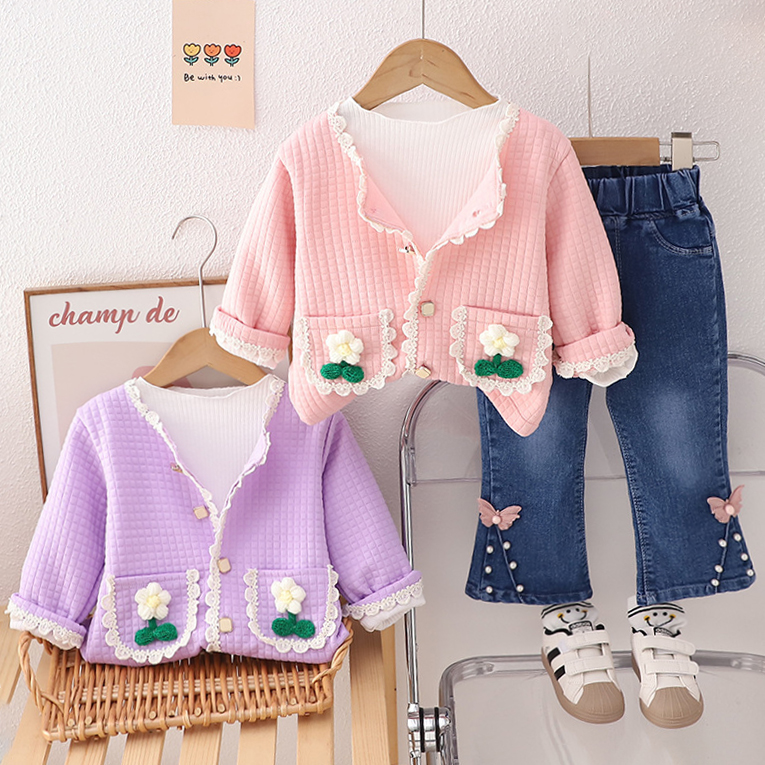【12M-5Y】3-piece Girls Fashionable White T-shirt And Flower Embroidered Cardigan And Jeans Set - 34427 【12M-5Y】3-piece Girls Fashionable White T-shirt And Flower Embroidered Cardigan And Jeans Set - 34427