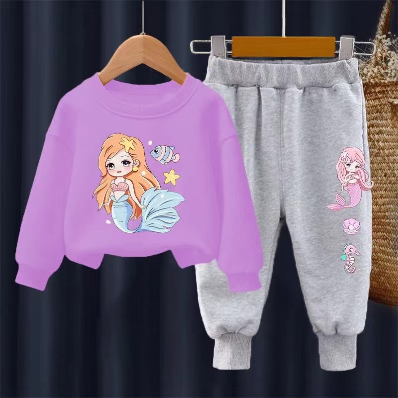 【18M-11Y】2-piece Girls Cute Mermaid Print Sweatshirt And Pants Set - 34287 【18M-11Y】2-piece Girls Cute Mermaid Print Sweatshirt And Pants Set - 34287