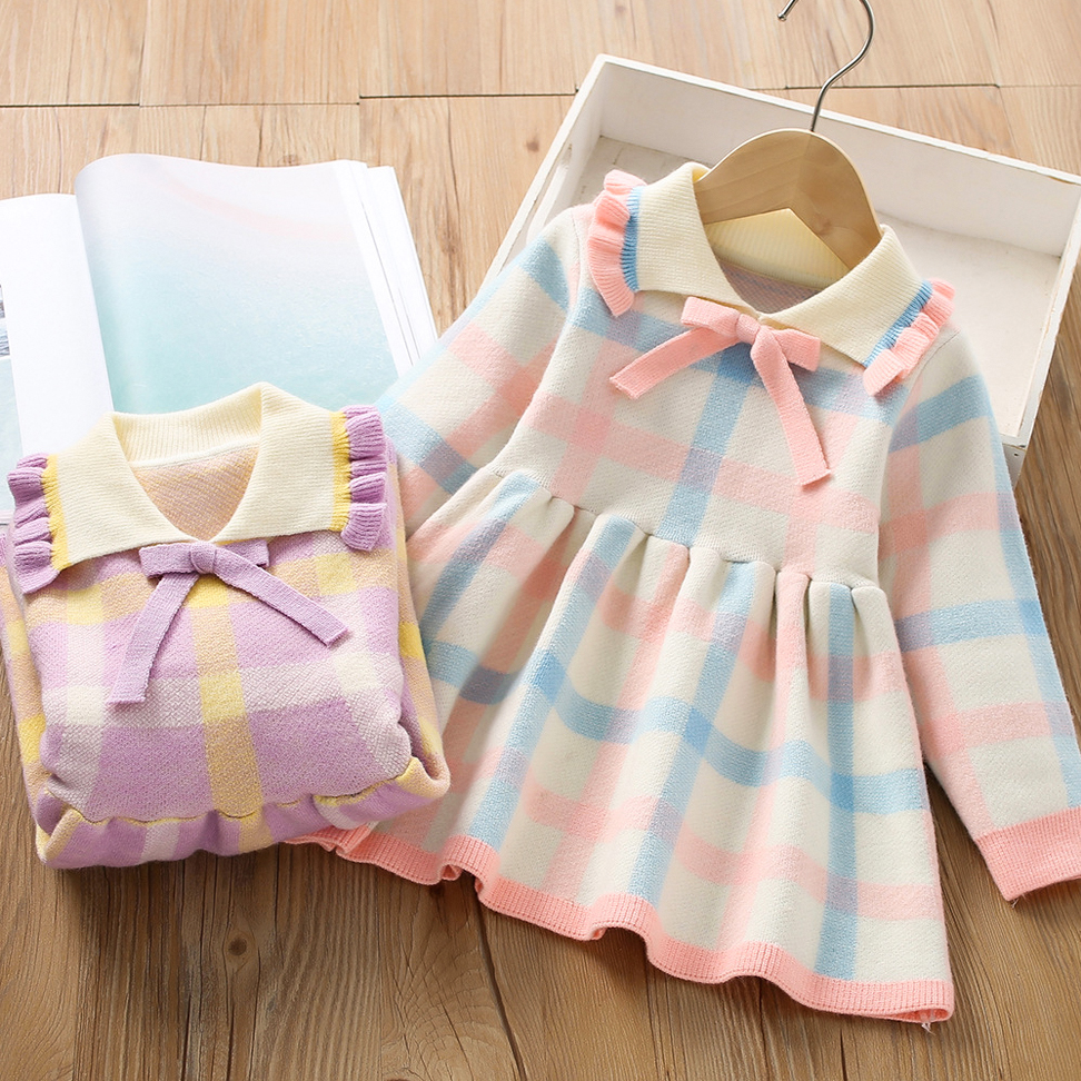 【18M-6Y】Girls Sweet Bow Colorful Plaid Lapel Sweater Dress 【18M-6Y】Girls Sweet Bow Colorful Plaid Lapel Sweater Dress