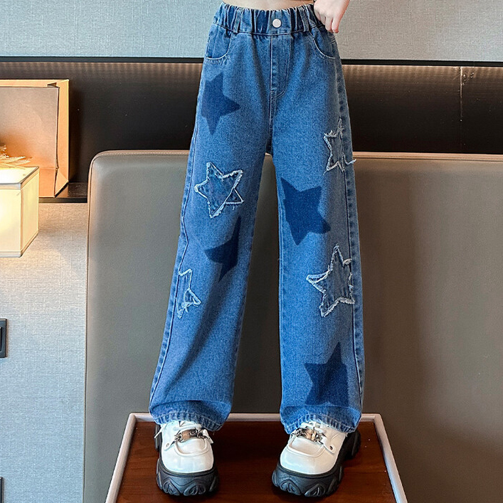 【3Y-12Y】Girls Fashion Star Embroidered Blue Jeans 【3Y-12Y】Girls Fashion Star Embroidered Blue Jeans